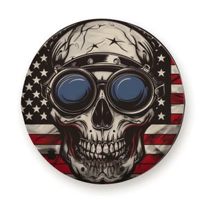 Skull Spare Tire Cover with American Flag – Patriotic Design For Jep wrangler SUV & RV Wheel Backup Camera Hole Option Available