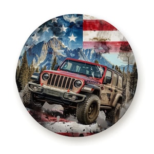 Spare Tire Cover – American Flag Off-Road Mountain Adventure Design For Jep wrangler SUV & RV Wheel| Weatherproof with Backup Camera Option