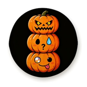 May include: A stacked pumpkin design with three orange pumpkins, each with a different facial expression. The top pumpkin has a lightning bolt design, the middle has a question mark and a teardrop, and the bottom has a tongue sticking out.