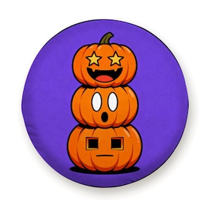 May include: A round, purple Halloween-themed button featuring a stack of three orange pumpkins with different facial expressions. The top pumpkin has star-shaped eyes, the middle pumpkin has surprised eyes, and the bottom pumpkin has a neutral expression.