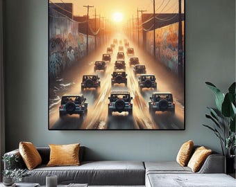 Jeep Wrangler Sunset Graffiti Canvas Art: Banksy-Style Street Scene wall art