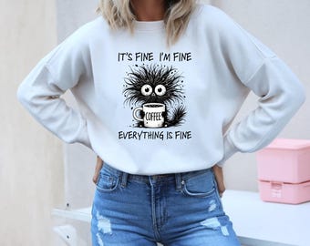 I'm Fine Black Cat PNG: Funny Cat Clipart, Coffee Mug Design (Digital Download)