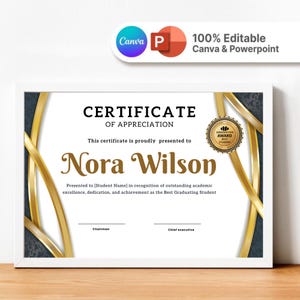 May include: A white certificate of appreciation with gold accents and a black and gold design. The certificate is for Nora Wilson, who is recognized for outstanding academic excellence, dedication, and achievement as the Best Graduating Student.