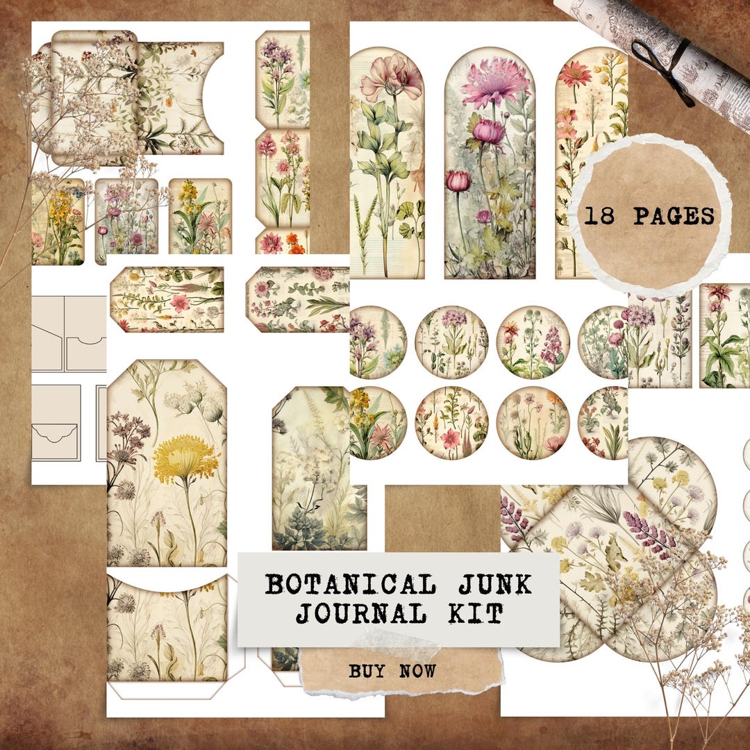 Botanical Junk Journal Kit: Vintage Floral Scrapbook Pages (digital ...