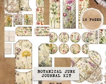 Botanical Junk Journal Kit: Vintage Floral Scrapbook Pages (Digital Download