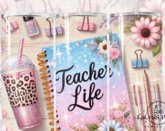 Envoltorio para vaso de 20 oz "Teacher Life": Diseño de girasol y pastel (descarga digital)