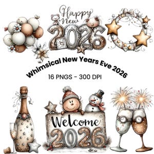 Op de afbeelding: Waterverfillustraties voor Oudejaarsavond 2026. De afbeelding bevat een champagnefles, champagneglazen, een krans met sterren en een bord met de tekst "Welcome 2026". De tekst "Whimsical New Years Eve 2026" is ook aanwezig.