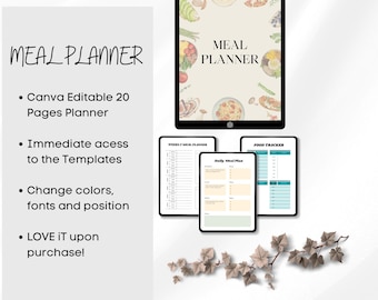 Eleganter Mahlzeitenplaner Canva Template: Wochenmenü, Rezeptbuch (PDF)
