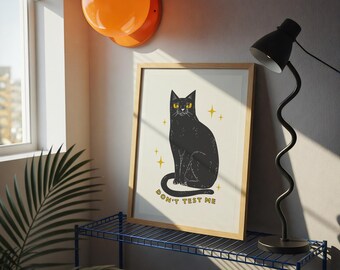 生意気な猫のイラストプリント｜印刷可能な黒猫アート｜私を試さないで｜デジタルダウンロード｜猫好きへのギフト