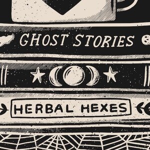 May include: A black and cream-coloured illustration of stacked books. The titles read "Ghost Stories" and "Herbal Hexes." The design incorporates celestial elements such as stars and phases of the moon, and a spiderweb.
