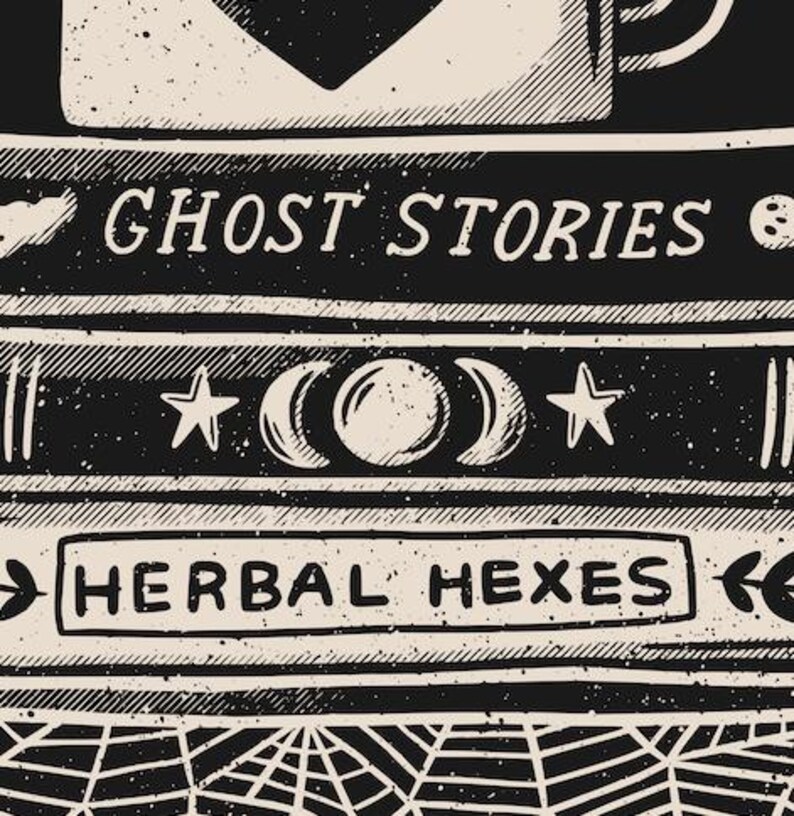 May include: A black and cream-coloured illustration of stacked books. The titles read "Ghost Stories" and "Herbal Hexes." The design incorporates celestial elements such as stars and phases of the moon, and a spiderweb.