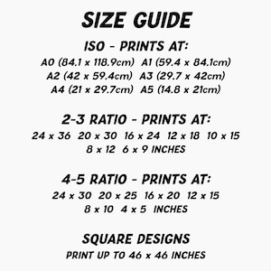May include: A white graphic with black text providing a size guide for prints. The guide includes ISO, 2-3 ratio, 4-5 ratio, and square designs, with measurements in inches and centimeters for various print sizes.