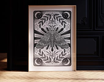 Gothic Moth Print - Instant Download - Alt Goth Poster - Black and White Decor - Moth Illustration - Witchy Printable Wall Art - Occult Art