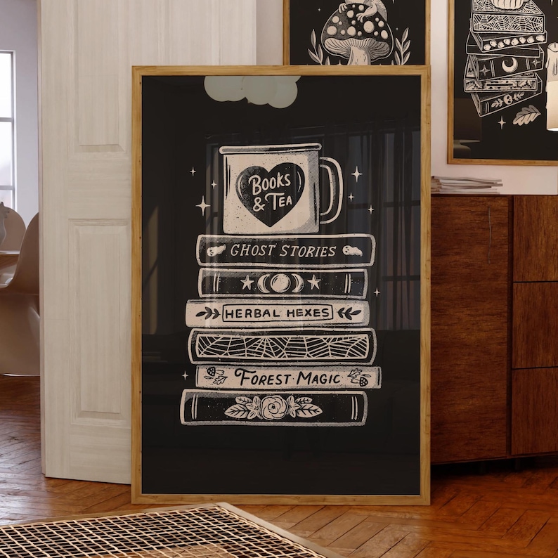 Dark Academia Book Print | Printable Gothic Illustration | Books & Tea Wall Art | Witchy Occult Home Decor | Spooky Digital Download Art