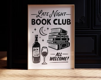 Late Night Book Club Printable Poster | Wine & Books Wall Art | Monochrome Bookish Digital Download | Book Club Print | Bookworm Gift