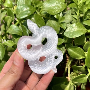 Op de afbeelding: Een witte, gebeeldhouwde slangenfiguur met een getextureerd oppervlak. De slang is opgerold en heeft twee oogvormige gaten. Het beeldje wordt tegen een achtergrond van groene bladeren gehouden.