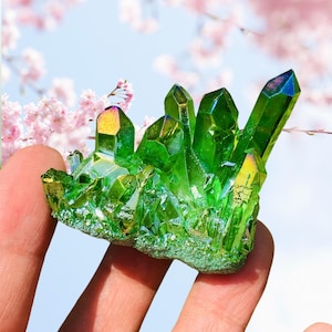 Green Aura Quartz Crystal Cluster: Rainbow Home Decor, Meditation Stone
