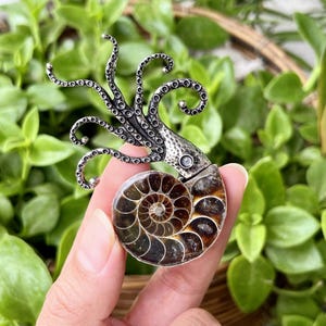 Op de afbeelding: Een zilverkleurige hanger in de vorm van een octopus met gedetailleerde tentakels en een gefossiliseerde ammonietschelp. De ammonietschelp heeft een spiraalpatroon in bruine en bruingele tinten. De hanger wordt tegen een achtergrond van groen blad gehouden.