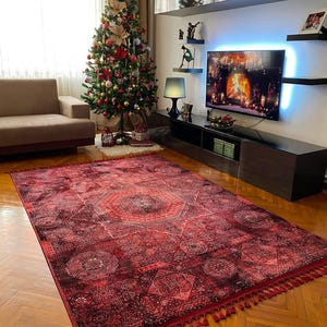 Tapete turco estilo persa vermelho, medalhão vintage, lavável, antiderrapante, decoração oriental para sala de estar e quarto
