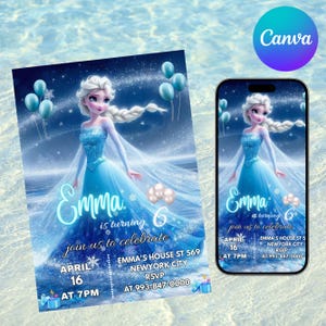 Frozen Birthday Invitation, Birthday Invitation, Kids Birthday Invitation, Winter Snow Birthday Printable, Canva Editable, Birthday Party