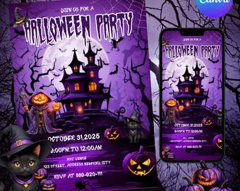 May include: A Halloween party invitation with a purple theme. The design features a haunted house, pumpkins, bats, and a black cat wearing a witch hat. The text reads "Join us for a Halloween Party" and includes the date, time, and RSVP information.