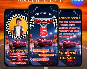 Cars Birthday Animated Invitation With Custom Photo, Birthday Invitation, Lightning McQueen Birthday Evite, Animated Invite, Canva Editable