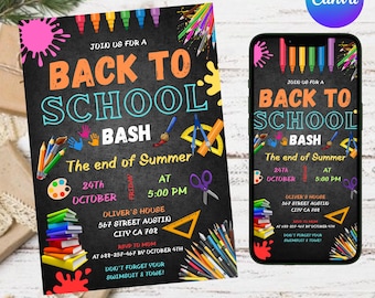 Back To School Bash Party Invitation, Party Invitation, End of Summer Party, Back To School, Editable School Event Invite, Canva Editable