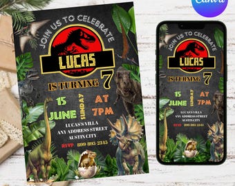 Dinosaur Birthday Invitation, Dinosaur Birthday Party Invitation, T-Rex Party Invite, Jurassic Birthday, Bday Party Invite, Canva Editable