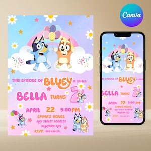 Bluey Geburtstagseinladung, Geburtstagseinladung, Geburtstagskind-Party einladen, Bluey-Geburtstagsfeier einladen, Bday Party einladen, Canva Editierbar