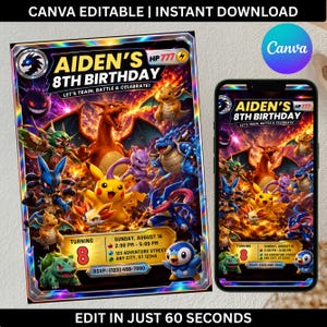 May include: A digital birthday invitation template featuring various colorful creatures, the text AIDEN'S 8TH BIRTHDAY, HP 777, LET'S TRAIN, BATTLE & CELEBRATE!, TURNING 8, SUNDAY, AUGUST 16, 2:00 PM - 5:00 PM, 123 ADVENTURE STREET, ANY CITY, ST 12345, RSVP: (123) 456-7890.