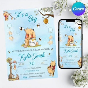 Invito modificabile per baby shower di Winnie The Pooh, invito di Winnie The Pooh, Pooh Baby, invito digitale Oh Boy, modello stampabile di Pooh
