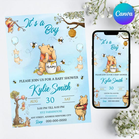 Editable Winnie The Pooh Baby Shower Invitation, Winnie The Pooh Invitation, Pooh Baby, Digital Invitation Oh Boy, Pooh Printable Template
