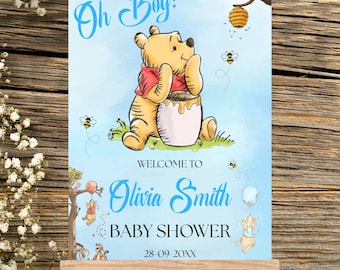 Placa de boas-vindas editável para chá de bebê com tema do Ursinho Pooh, Download digital instantâneo, Placa de boas-vindas imprimível e neutra em termos de gênero