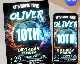Soccer Birthday Invitation, Football Invite, Kids Soccer Invite, Instant Download, Let's Kick it Soccer Invite, Kids Bday, Canva Editable