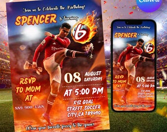 Invitación de cumpleaños de Ronaldo, cumpleaños de CR7, invitación de cumpleaños de Ronaldo, invitación de cumpleaños de fútbol, invitación de cumpleaños para niños, Canva editable
