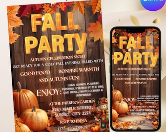Invitación para fiesta de otoño, invitación para festival de otoño de la iglesia, festival de la cosecha, invitación para fiesta de la cosecha, invitación con calabazas, descarga digital, Canva para manualidades