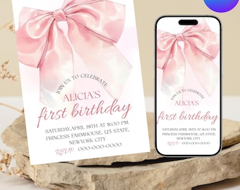 Bow Birthday Invitation, Pink Coquette Bow Birthday, Girls Birthday Party Invite, Pink Ribbon Bday Invite, Digital Download, Self Editable