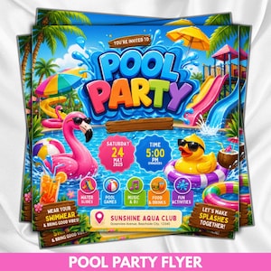 May include: A colorful pool party flyer featuring a pink flamingo float, a yellow rubber duck, water slides, and palm trees. The text reads: You're invited to Pool Party, Saturday 24 May 2025, Time 5:00 PM onwards, Sunshine Aqua Club, Oceanview Avenue, Beachside City, 12345.