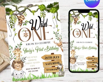 May include: A Wild One birthday invitation with a jungle theme. The invitation features a monkey, giraffe, lion, deer, zebra, and elephant. The invitation is on a white background with green grass and vines. The text reads "Wild One" and "Henry's First Birthday".
