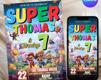 Plantilla de invitación de cumpleaños de Super Mario, invitación de cumpleaños de Mario Bros., invitación digital para fiesta de cumpleaños, invitación imprimible, editable en Canva.