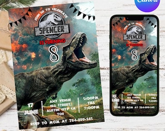 Dinosaur Birthday Invitation, Dinosaur Birthday Party Invitation, T-Rex Party Invite, Jurassic Birthday, Bday Party Invite, Canva Editable
