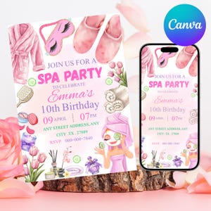 Girls Spa Birthday, Spa Party Birthday Invitation, Pamper Party Invite, Glam Party Birthday, Phone Invite, Print Invite, Canva Editable Temp