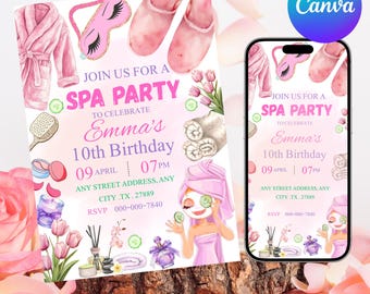 Spa Birthday Invitation, Girls Birthday, Spa Party Invitation, Pamper Party Invitation, Glam Birthday Party Invitation, Print Canva Editable