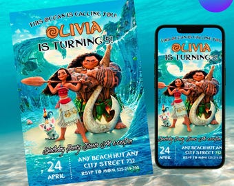 Invitación de cumpleaños de Moana bebé, invitación de cumpleaños, invitación para fiesta infantil, invitación para fiesta de cumpleaños de Moana bebé, invitación hawaiana de Moana, plantilla de Canva