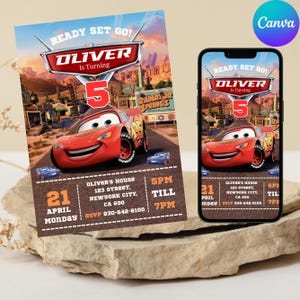 Autos-Geburtstags-Einladung, Geburtstags-Einladung, Lightning McQueen-Einladung, Kinder-Geburtstags-Einladung, Digitale Einladung, Canva Editierbar