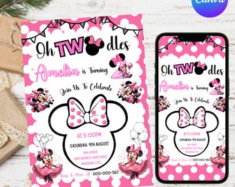Editable Oh TWOdles Birthday Invitation, Oh Twodles Invitation, Mickey Birthday Invite, Minnie Mouse 2nd Birthday Invitation, Canva Template