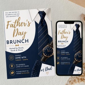 May include: A Father's Day brunch invitation card and a smartphone displaying the same design. The graphic features a white shirt collar, a navy blue striped tie, a wristwatch, and text reading Father's Day BRUNCH, June 16th, and #1 Dad.