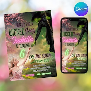 Könnte beinhalten: Eine Party-Einladung mit dem Text "Join us for a Wicked Party Isabella is turning 6". Die Einladung zeigt eine grün gehäutete Hexe und eine Fee. Die Einladung wird auch auf einem Smartphone angezeigt.