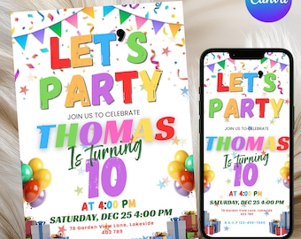 Simple Colorful Birthday Invitation, Lets Party Editable Template, Bright and Cheerful Party Invite, Printable, Instant Download, DIY Canva