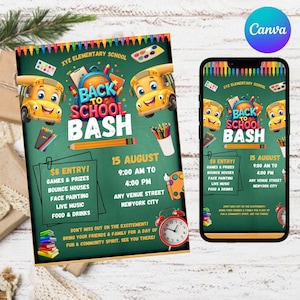 Back To School Bash Party Invitation, Party Invitation, End of Summer Party, Back To School, Editable School Event Invite, Canva Editable